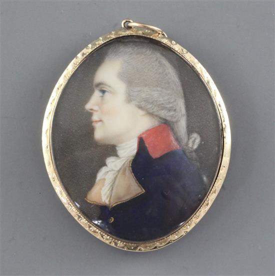 English School c.1800 Miniature profile portrait of a gentleman wearing a blue coat with red collar 2 x 1.5in.